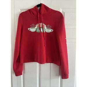 FRIENDS Women's Large Red Central Perk Graphic‎ Pullover Crop Hoodie Cozy